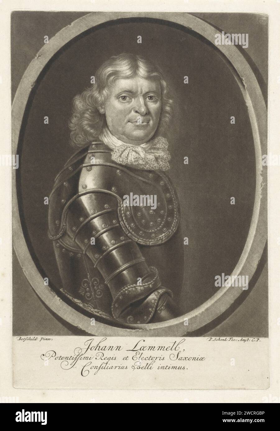 Portrait de Johannes Laemmell, Pieter Schenk (I), d'après Samuel Bottschild, 1670 - 1713 estampes Amsterdam gravure sur papier armure Banque D'Images