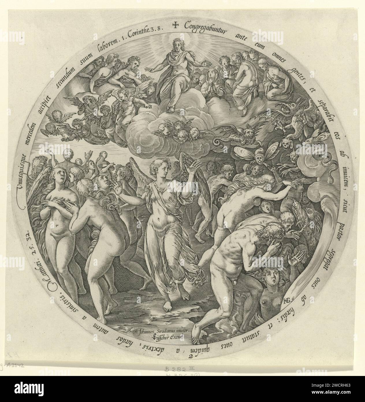 Les bénis sont séparés du maudit, Hendrick Goltzius, d'après Jan van der Straet, 1596 - 1652 print spectacle rond de l'archange Michael qui envoie les âmes des justes au ciel et les âmes de ceux qui ont mal vécu en enfer. Au sommet de la performance, Christ rôdant dans le ciel au milieu d'une foule de saints (y compris Marie) et d'anges. Pour montrer les textes bibliques en latin. Cette impression fait partie d'une série de quatre impressions rondes avec des scènes de dernier jugement. Imprimeur : Haarlem Éditeur : Amsterdam Division de gravure sur papier des bénis et des damnés  jugement dernier Banque D'Images