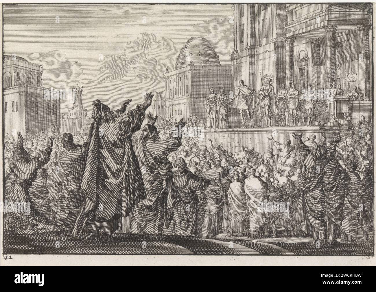 Christ montré au peuple (Ecce Homo), Jan Luyken, 1703 imprimer imprimeur : Haarlem Éditeur : Amsterdam paper graving Pilate montrant le Christ au peuple, 'Display Christ', 'Here mann' (Jean 19 : 4-6) Banque D'Images