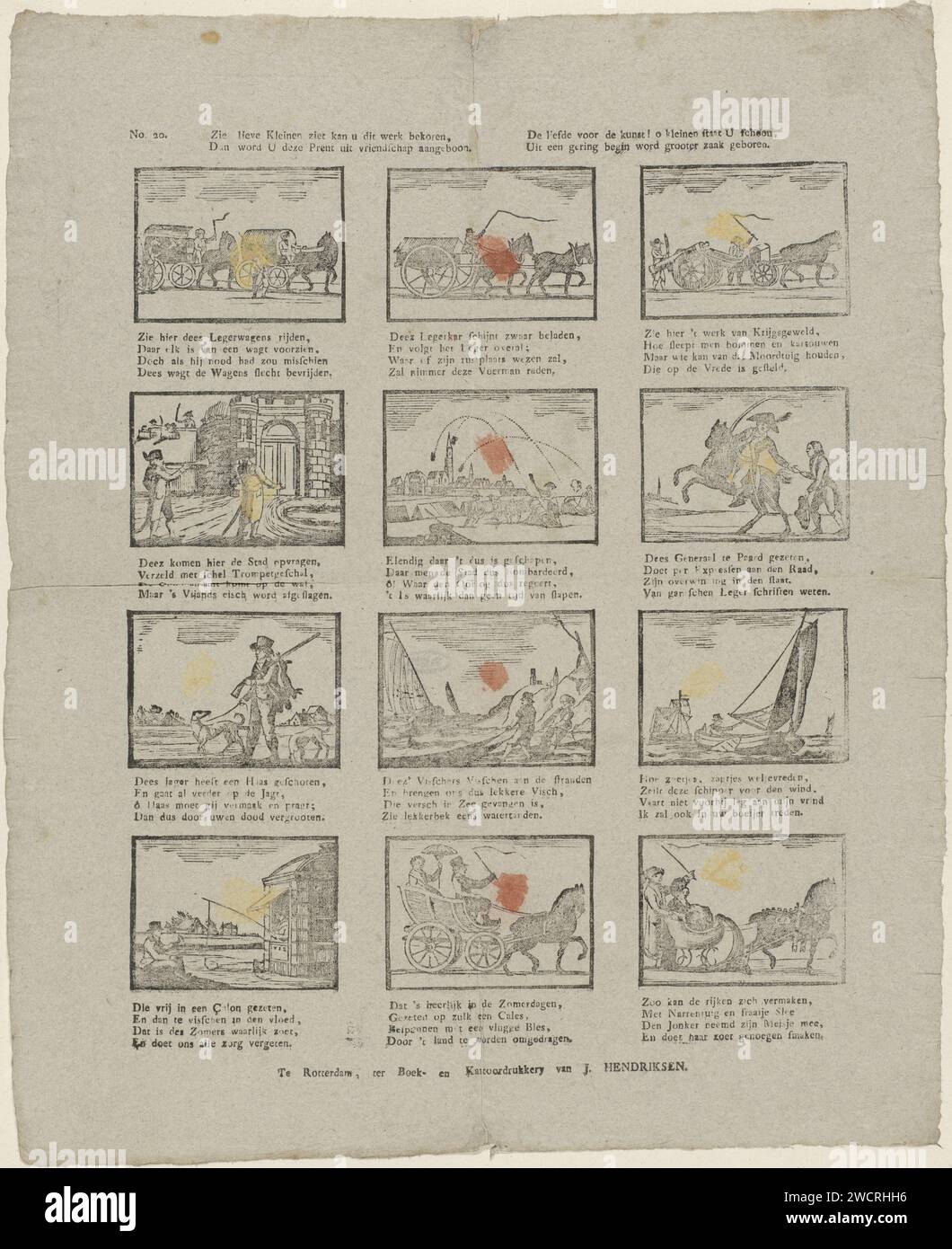Voyez chers petits voir ce travail attrayant, / alors vous serez cette impression de l'amitié. / L’amour pour l’art ! o Kleinen vous êtes propre, / d'un petit départ, un plus grand cas est né, Jan Hendriksen, 1781 - 1828 imprimer feuille avec 12 performances de véhicules, chasseurs et pêcheurs. Un verset de quatre lignes sous chaque image. Numéroté en haut à gauche : n° 20. Papier Rotterdam impression typographique animaux de capture (+ matériel de pêche). véhicule à deux roues tiré par deux animaux. chasse  mammifères. le soldat ; la vie du soldat Banque D'Images
