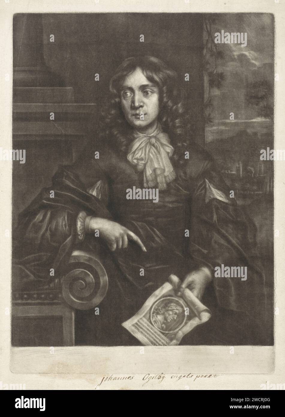 Portrait de John Ogilby, Paul van Somer (II), 1659 - 1704 estampe le cartographe, imprimeur et poète anglais John Ogilby se trouve devant un bâtiment et montre l'estampe dans sa main. Sur l'impression est un médaillon avec un portrait d'un homme bruyant dans un profil. Tirage papier Paris, par exemple : gravure, gravure, lithographie. portrait d'un écrivain Banque D'Images