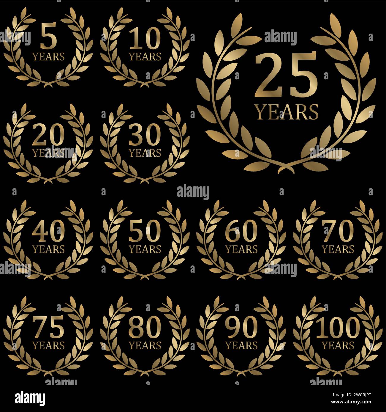 fichier vectoriel eps avec collection de couronne de laurier dorée sur fond noir contexte de la réussite ou du jubilé d'entreprise avec le texte 5 à 100 ans Illustration de Vecteur