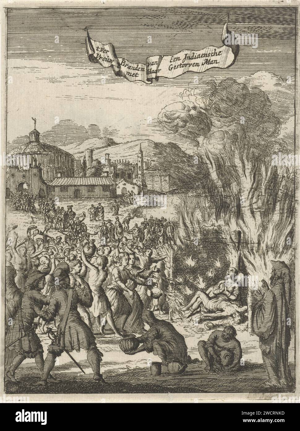 Femme indienne est brûlée avec son mari décédé, Jan Luyken, 1681 print Amsterdam papier gravure brûlant le corps, crémation. mort violente  feu. Races et peuples asiatiques : Indiens Inde Banque D'Images