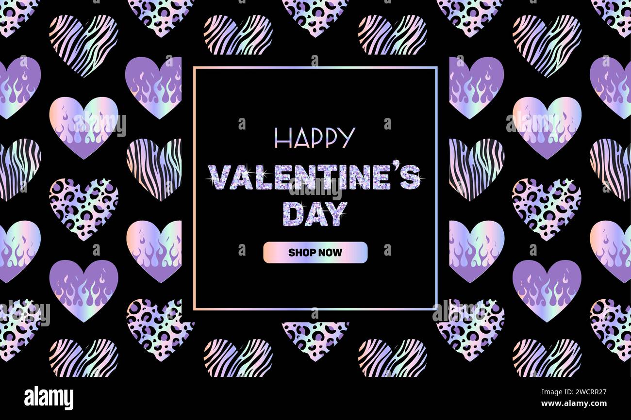 Bannière de luxe horizontale pour la Saint Valentin. Autocollant holographique métallique Y2K, cœur dégradé brillant sur le feu, motif animaliste. Zebra, léopard, TI Illustration de Vecteur