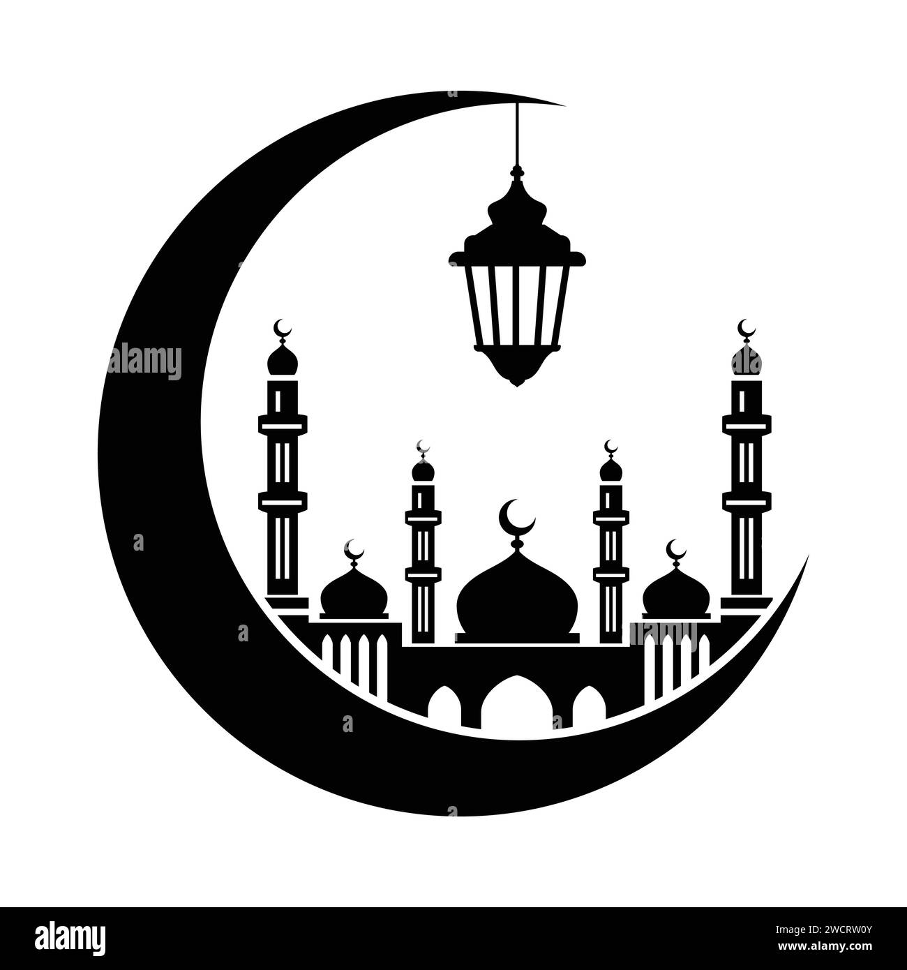 Mosquée et croissant de lune, conception d'illustration vectorielle dessinée à la main, isolé sur le croissant de lune et la conception de lanterne. Illustration de Vecteur