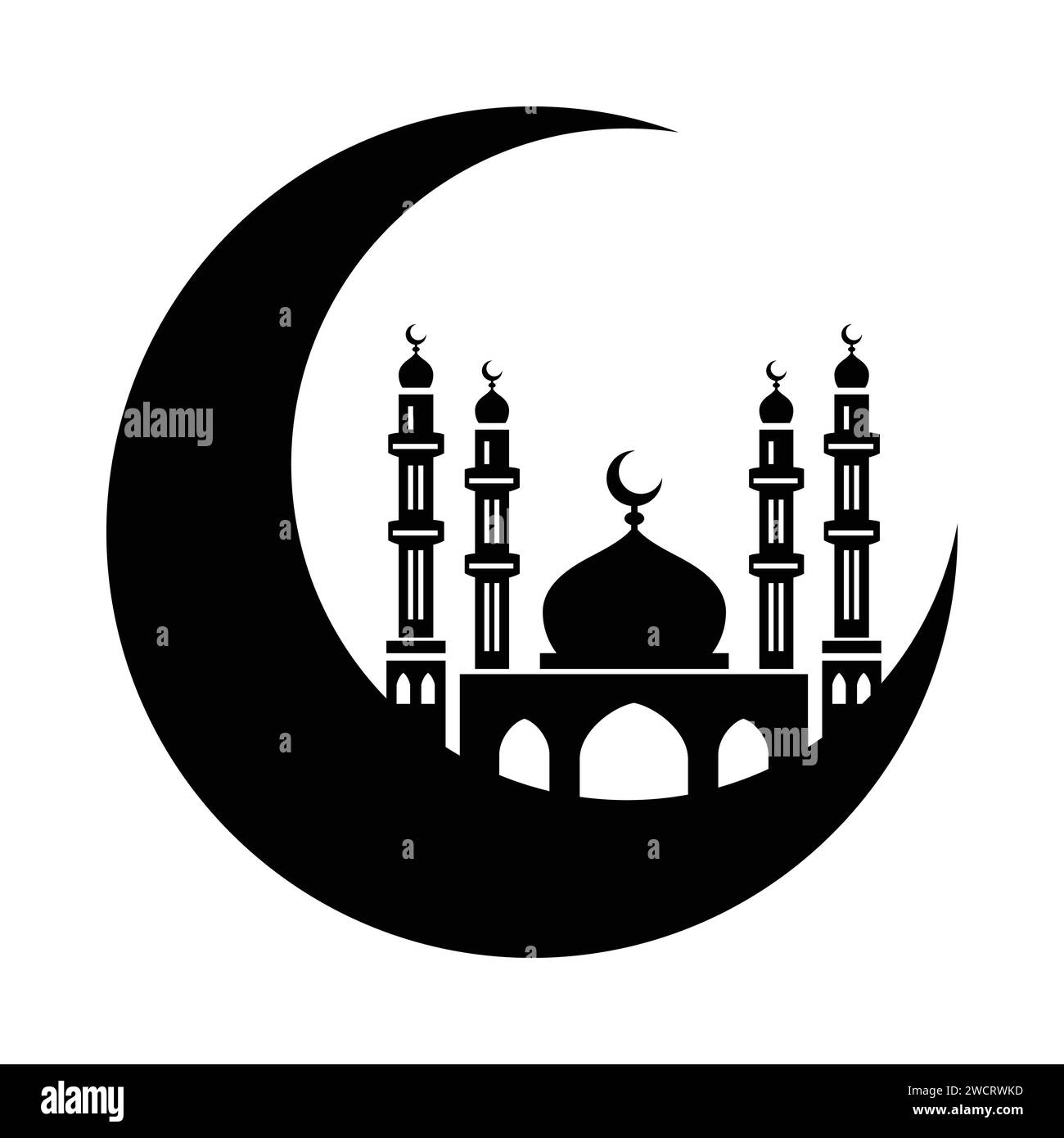 Mosquée et croissant de lune, conception d'illustration vectorielle dessinée à la main, isolé sur le croissant de lune et la conception de lanterne. Illustration de Vecteur