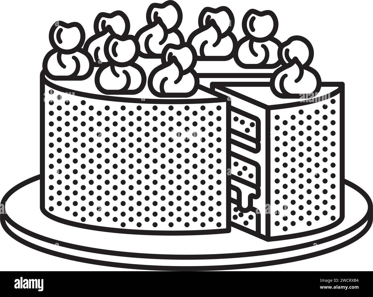 Savoureuse pâtisserie allemande avec icône de ligne vectorielle de chocolat et de cerises pour la Journée du gâteau de la Forêt Noire le 28 mars Illustration de Vecteur
