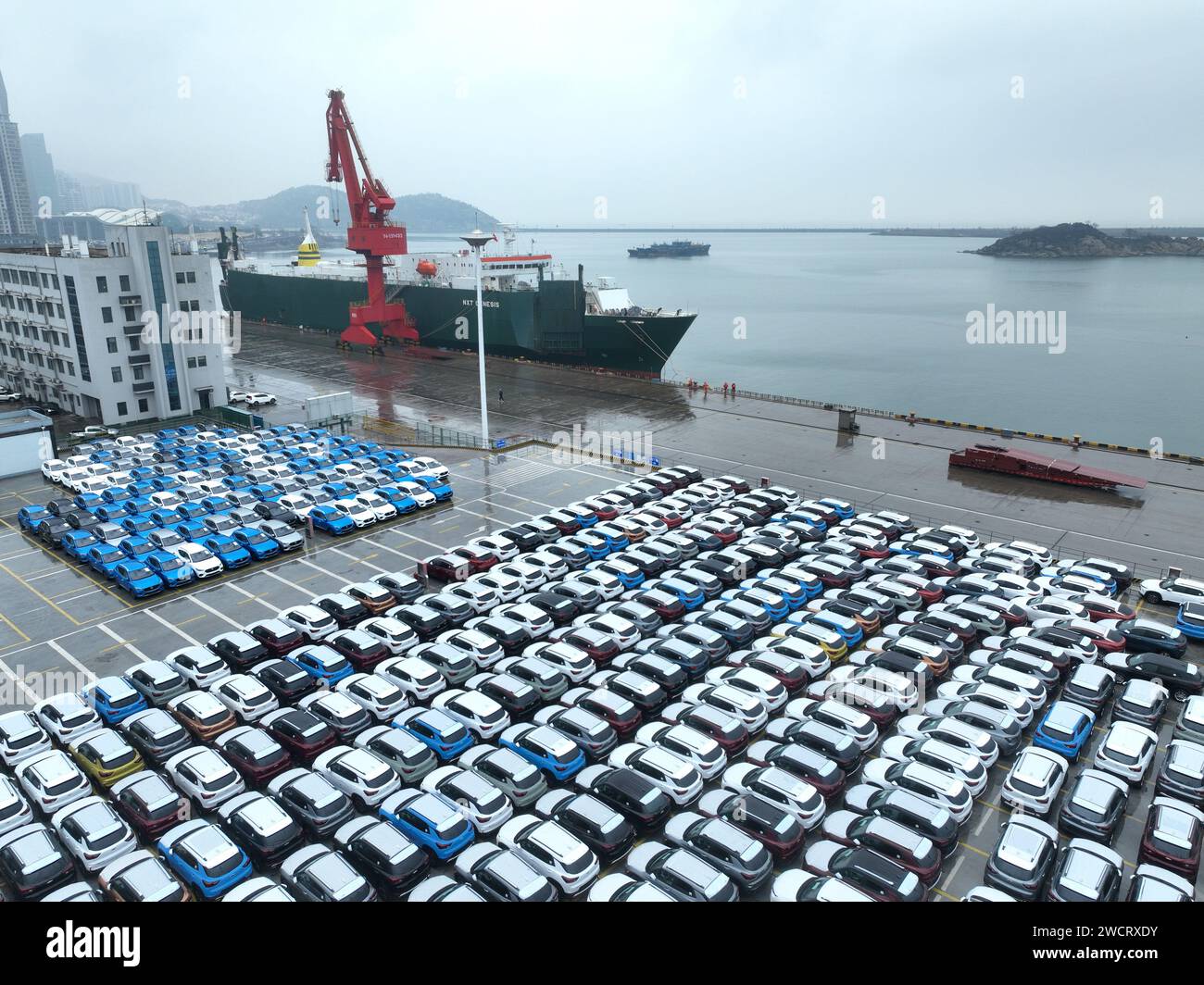 LIANYUNGANG, CHINE - 17 JANVIER 2024 - Un grand nombre de voitures sont prêtes à être expédiées pour l'exportation au port de Lianyungang, province de Jiangsu, Chine, Banque D'Images