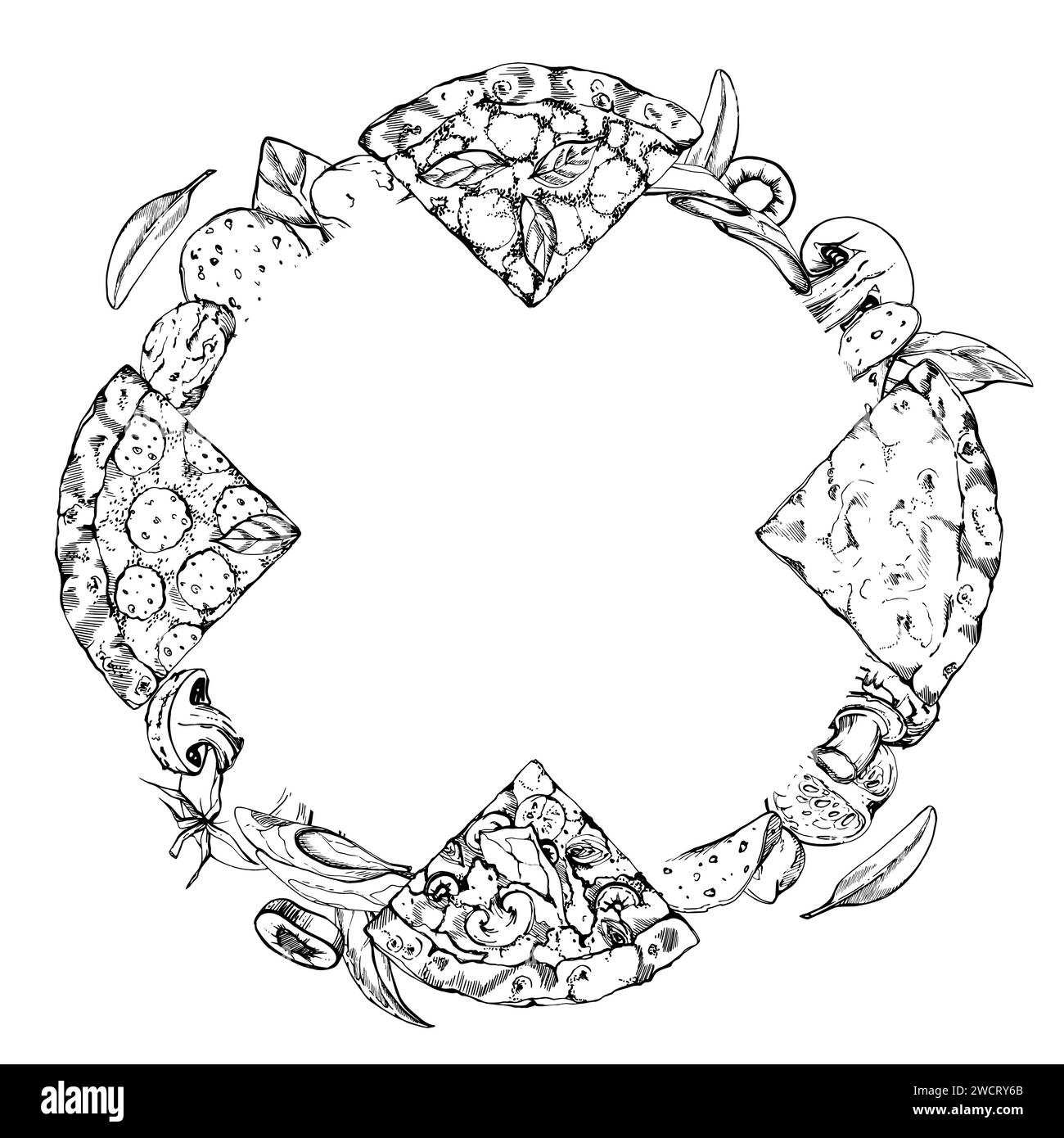 Illustration à l'encre vectorielle dessinée à la main. Tranches de pizza et ingrédients de garniture, repas de cuisine italienne. Cadre de couronne isolé sur blanc. Design pour restaurant Illustration de Vecteur