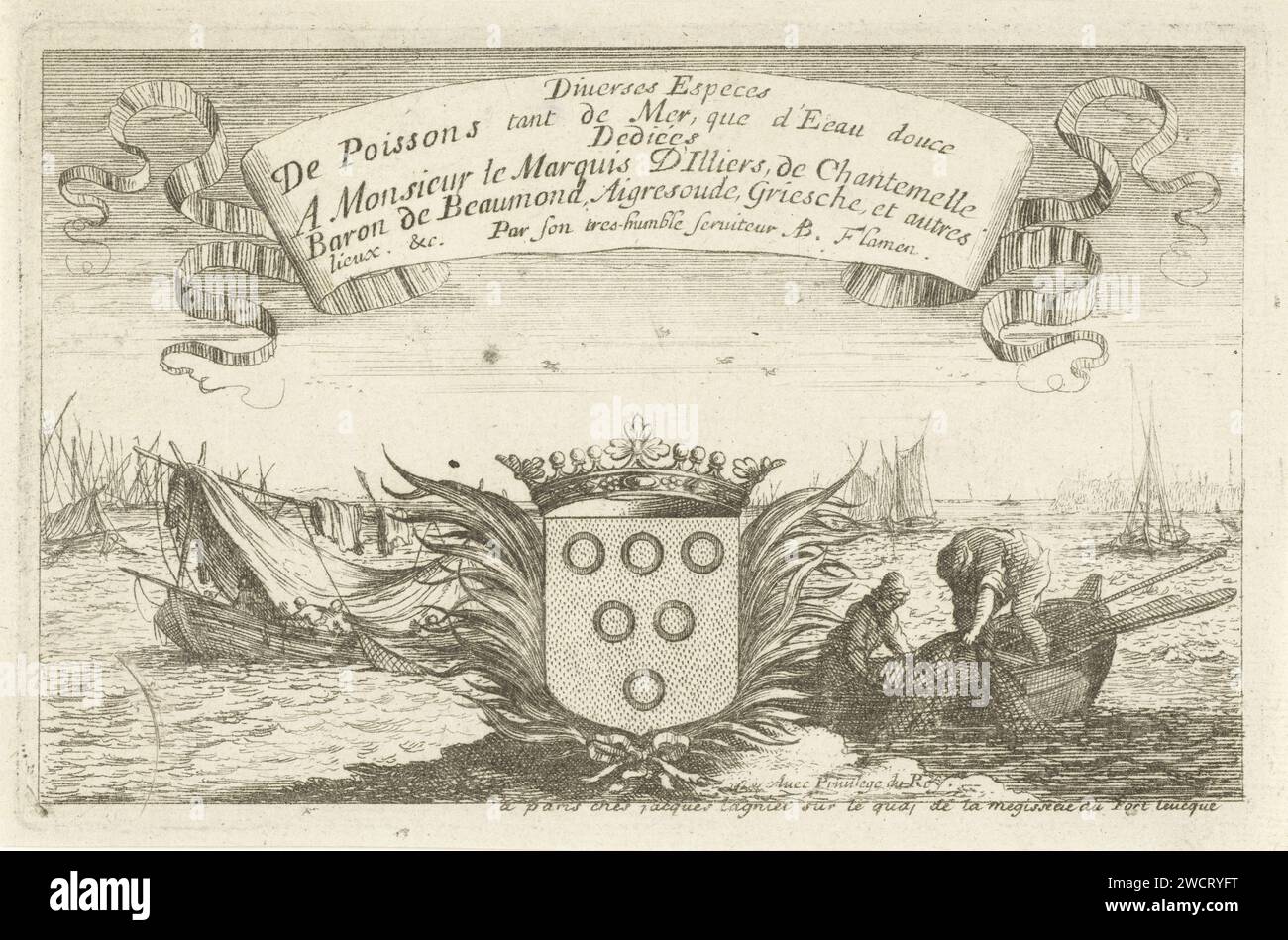 Bateaux de pêche sur l'eau, Albert Flamen, 1648 - 1670 imprimer Bateaux de pêche sur l'eau, avec une arme avec couronne et feuilles de palmier au premier plan. En haut un cartouche avec texte français avec le titre de la série et les noms des fabricants. Tirage titre pour une série de sept tirages avec des prises de différents poissons et d'autres animaux d'eau douce et salée. Imprimeur : Parispublisher : ParisFranceParisParis pêcheur de gravure sur papier Banque D'Images