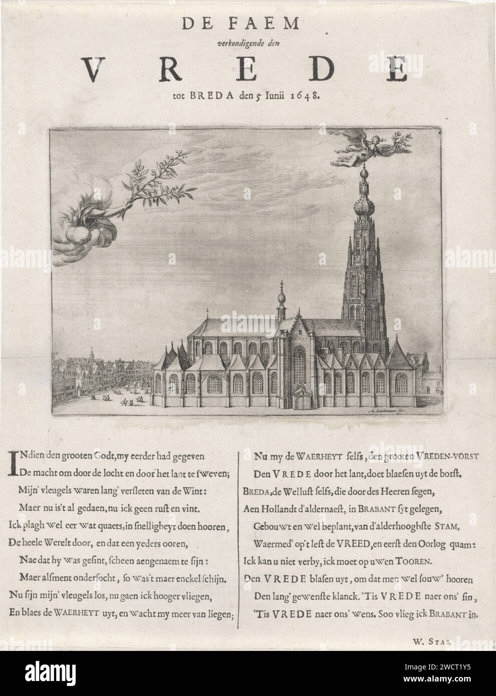 Faam au-dessus de la Grote Kerk à Breda, Abraham Dircksz. Santvoort, 1648 print Faam vole avec une branche d'olivier le long de la flèche de la Grote Kerk à Breda. Elle souffle le mot paix sur sa trompette. À gauche, la main de Dieu avec des branches de baie sort d'un nuage. A côté de l'église quelques maisons et des figures. Sous le spectacle un poème de vingt lignes en néerlandais. Papier néerlandais gravure Fama comme personnification romaine Grande église Banque D'Images