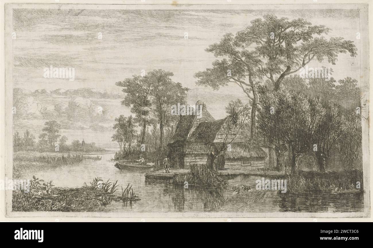 Vue sur la rivière avec Hengelaars, Hermanus Jan Hendrik Rijkelijkhuizen, 1823 - 1883 imprimer Une rivière avec quelques maisons et deux tiges sur le front de mer. Au premier plan un groupe de canards et deux saules pollards. En arrière-plan les contours d'une église. Papier Utrecht. pêcheur de gravure / point sec. rivière. bateau à rames, canoë, etc. ferme ou maison solitaire dans le paysage. église (extérieur). arbres : saule. oiseaux aquatiques : canard Banque D'Images