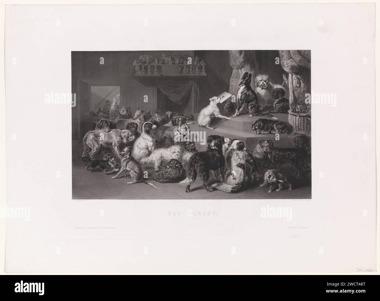 Les chiens offrent une lettre, Johannes de Mare, d'après Bernard dans Gempt, 1860 - 1879 imprimer de nombreux chiens avec une élévation, sur laquelle l'un d'eux offre une lettre à un autre chien. En arrière-plan un balcon avec des chiens. Amsterdam papier gravure / gravure Madonna : c'est-à-dire Marie avec le Christ-enfant. caricatures et satires politiques Banque D'Images