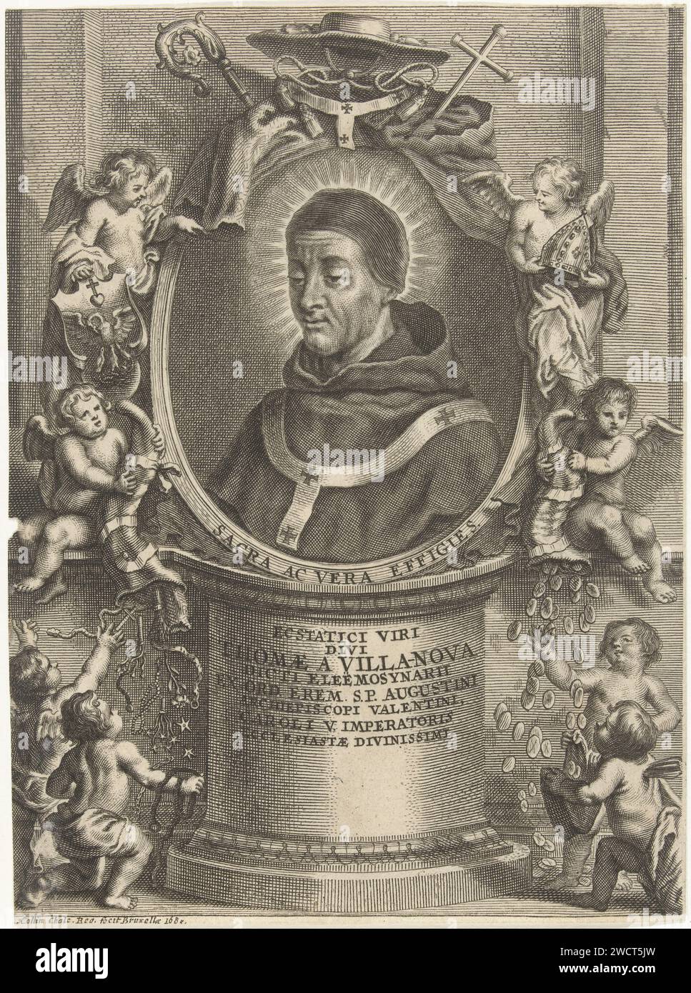 St. Thomas van Villanova, Richard Collin, 1685 impression le Saint Thomas van Villanova, en ovale avec un cadre d'anges. Thomas était connu qu'il donnait toujours son argent aux pauvres. Dans le cadre, les anges jouent avec des pièces de monnaie et des outils de torture. Les anges de chaque côté du portrait gardent un bishopsmijter et une arme. Gravure sur papier bruxelloise du frère Augustine Thomas de Villanueva, archevêque de Valence ; attributs possibles : mendiants, infirmes, bourse Banque D'Images