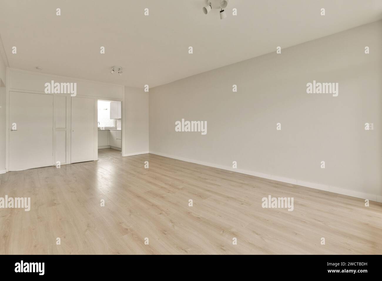 Une salle vide avec un plancher de bois franc immaculé et des murs blancs avec beaucoup de lumière naturelle. Banque D'Images