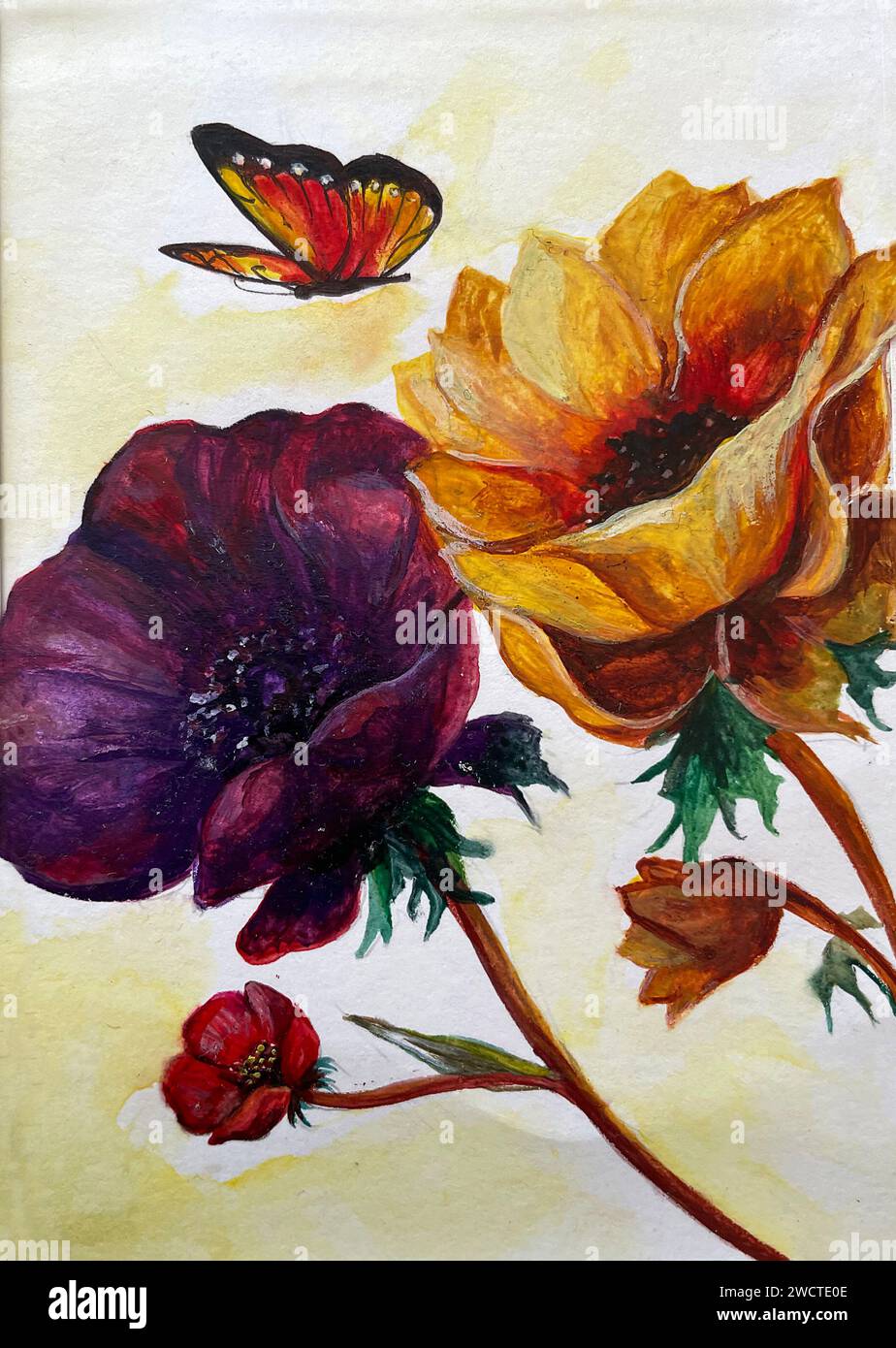 Une œuvre abstraite de peinture à l'huile de nature morte mettant en vedette des fleurs et des papillons Banque D'Images