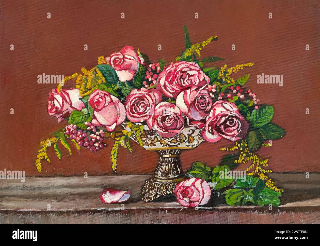 Une œuvre abstraite de peinture à l'huile de nature morte mettant en vedette un bouquet de roses roses dans un vase Banque D'Images