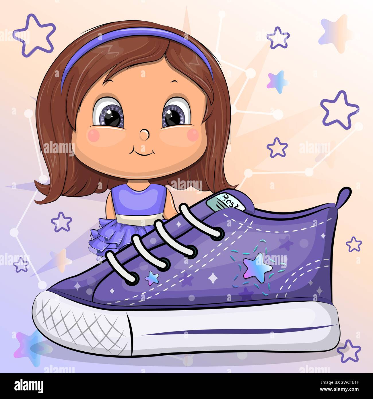 Une jolie fille de dessin animé avec une sneaker. Illustration vectorielle d'une petite femme sur un fond bleu et orange avec des étoiles. Illustration de Vecteur