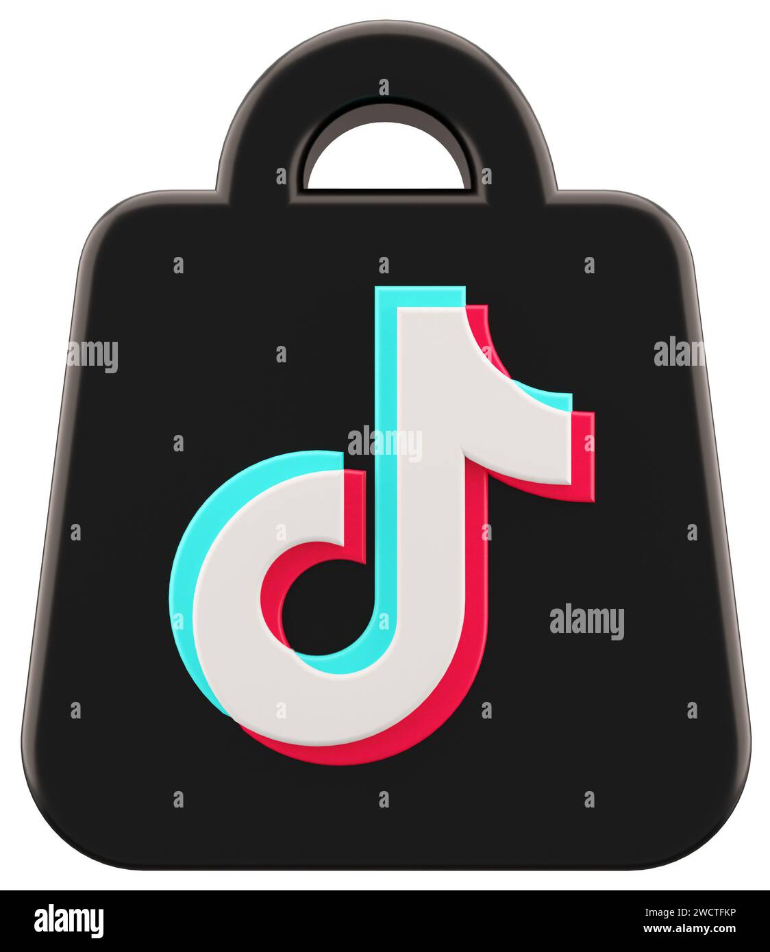 Valence, Espagne - janvier 2024 : TikTok Shop icône de logo isolé sur fond blanc, symbole découpé vue avant en rendu 3D. Tik tok shop est un e-c Banque D'Images