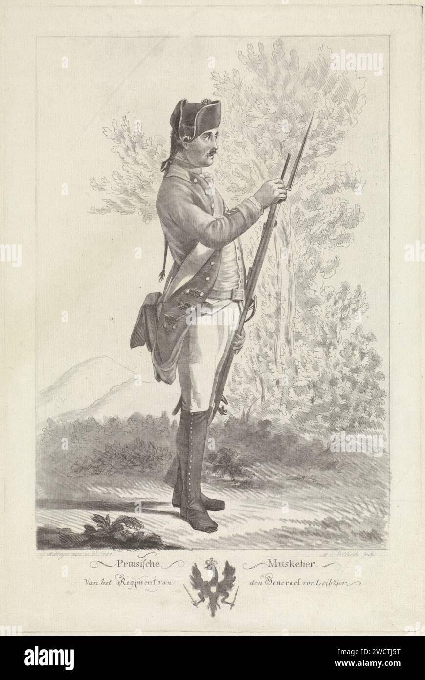 Musketier prussien avec mousquet et baïonnette, Mathias de Sallieth, d'après Gerrit Malleyn, 1764 - 1791 gravure sur papier soldat privé. armes à feu : fusil Banque D'Images