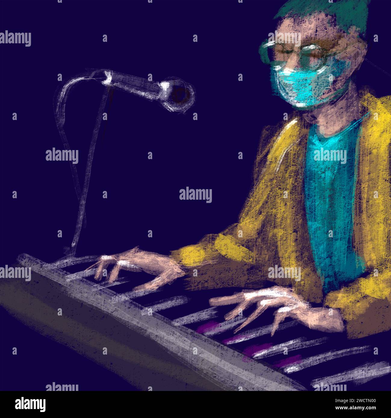Le pianiste joue du piano. Musicien unique masqué. Croquis musical noir et blanc. Illustration dessinée à la main. Banque D'Images