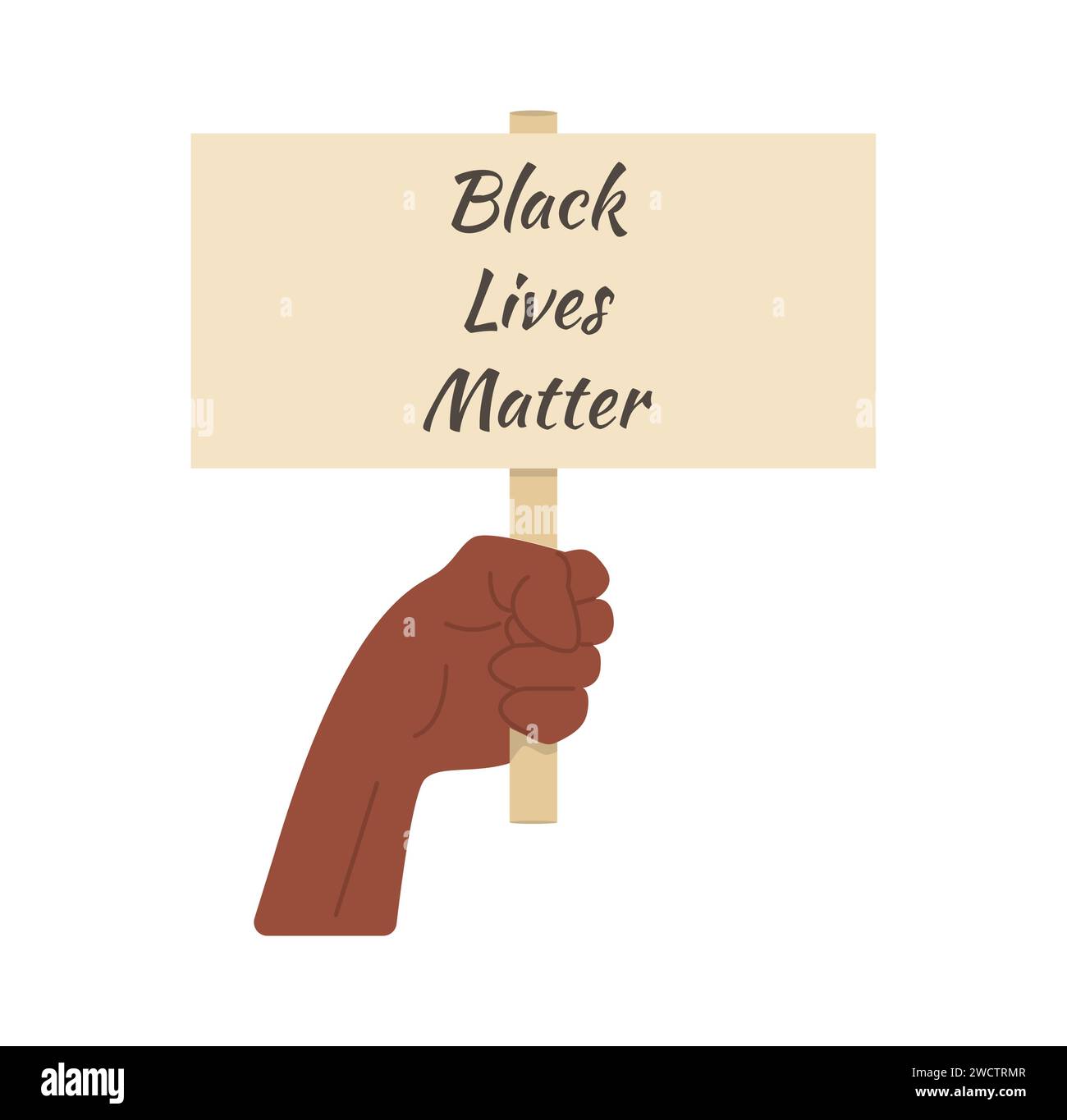 Manifestation, révolution, protestation a levé le poing du bras tenant une bannière avec la légende Black Lives Matter. Bras noir sur fond isolé blanc. Vecteur plat Illustration de Vecteur