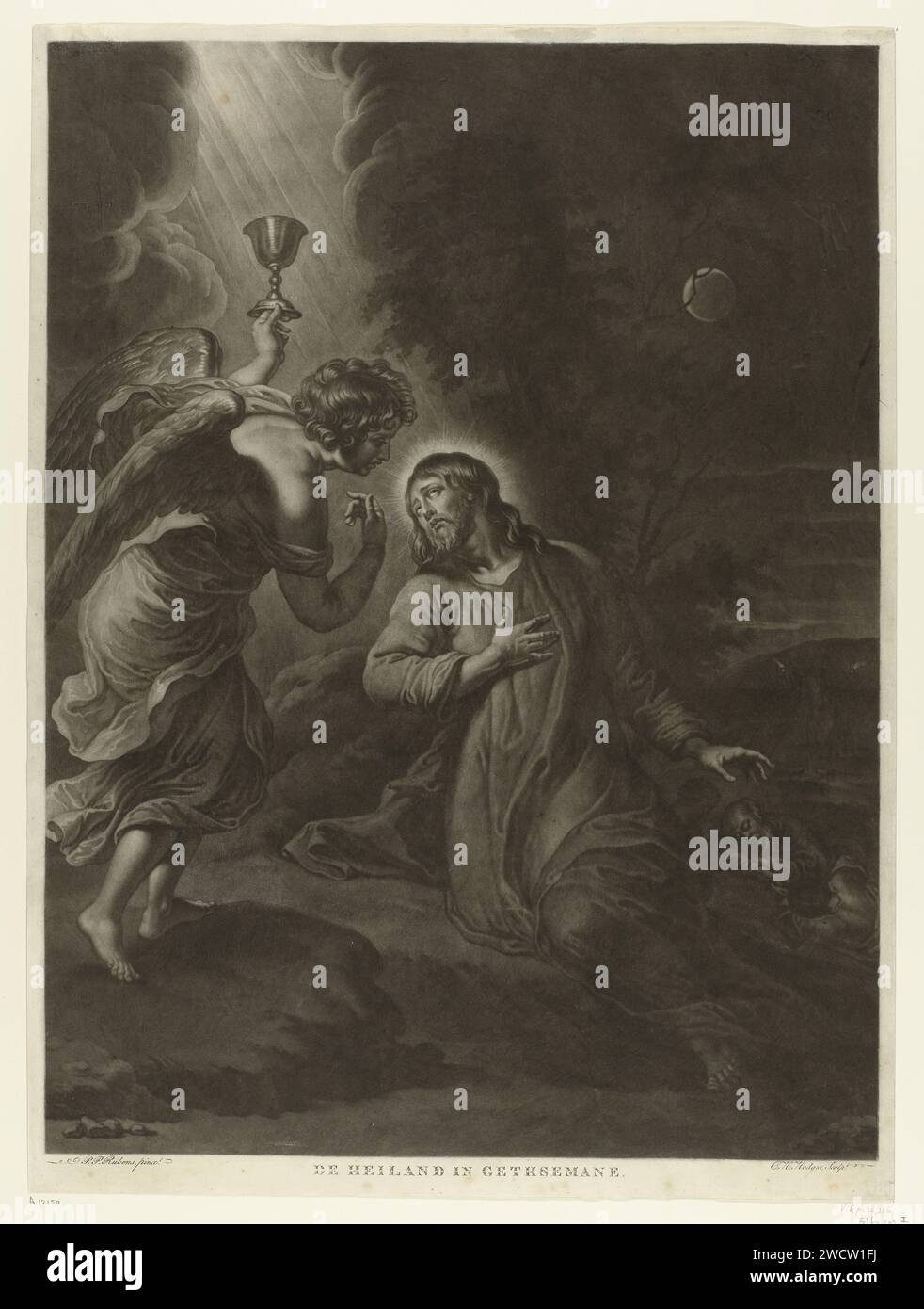 Christ dans le Hof van Getsemane, Charles Howard Hodges, d'après Pierre Paul Rubens, 1808 imprimer Christ prie Dieu dans la cour de Getsemane et obtient une vision. Un ange avec une fausse couche apparaît dans le ciel nuageux. Deux de ses élèves dorment en arrière-plan. Journal londonien endormi ; inconscience. Agonie du Christ : pour le réconforter, un ou plusieurs anges apparaissent au Christ avec un calice et/ou une croix Banque D'Images