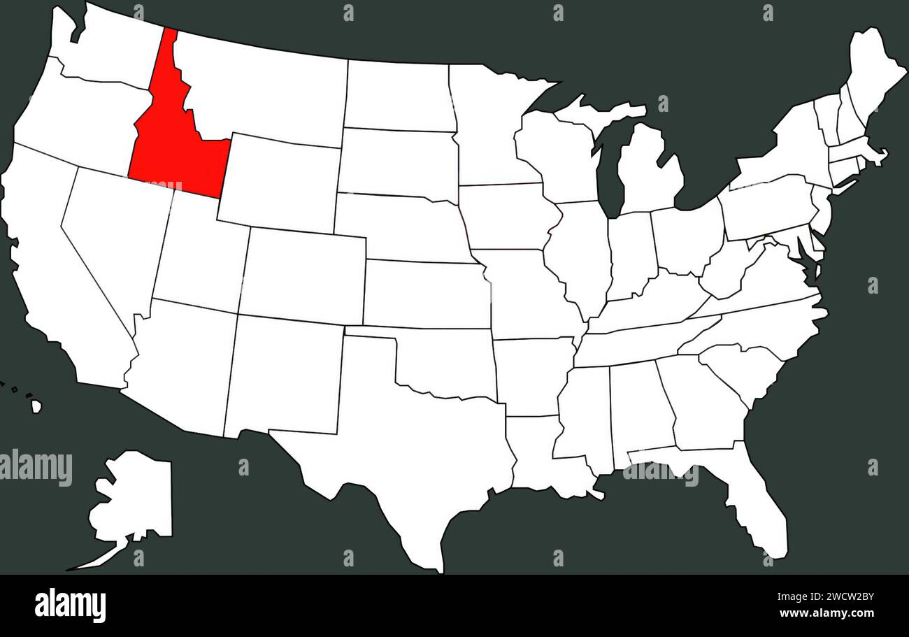 Carte des États-Unis avec l'Idaho mis en évidence en rouge sur un fond gris foncé, une illustration sur le thème des élections et du vote dans les États Banque D'Images