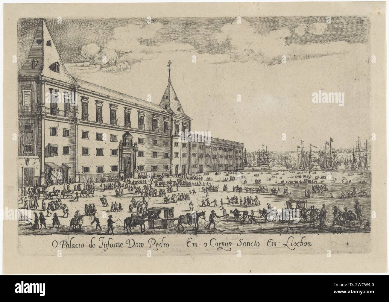 Vue du palais de Don Pedro à Lisbonne, Dirk Stoop, 1662 print vue du palais de Don Pedro, frère cadet du roi Alfons VI du Portugal, à Lisbonne. Au premier plan, figures et chariots sur la place. En arrière-plan des navires sur la rivière Taag. Palais de gravure sur papier de Lisbonne. Vue sur la ville en général ; 'veduta' Lisbonne Banque D'Images