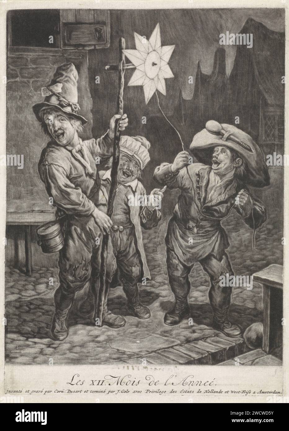 Janvier, Cornelis Dusart, 1679 - 1704 imprimer visage de nuit dans une ville avec trois enfants célébrant l'Epiphanie. Un des enfants tient une étoile sur un bâton. L'estampe est l'estampe titre d'une série de douze estampes avec les douze mois de l'année. Imprimeur : Haarlem Editeur : Amsterdam gravure sur papier Twelfth Night, tombant généralement à la veille du 6 janvier. étoiles. Janvier et ses 'labours' Banque D'Images