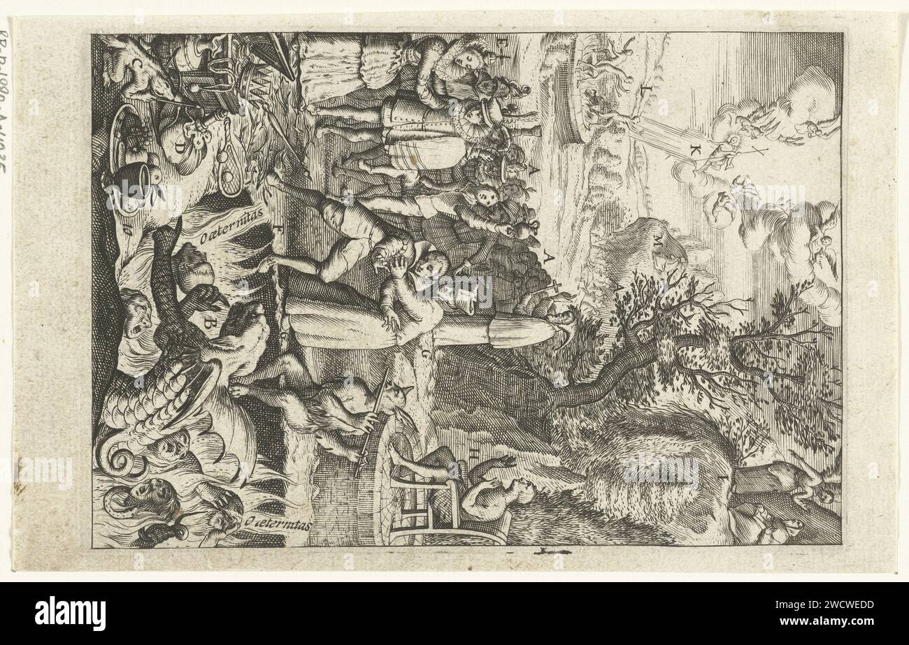 Emblème avec évêque qui protège un homme contre les tentations d'un diable, Anonymous, d'après Boëtius Adamsz. Bolswert, 1623 imprimer Un homme est au bord de l'abîme au purgatoire et est attiré par le diable par la richesse et l'abondance. Cependant, un évêque l'arrête. Derrière l'homme suit une procession d'hommes et de femmes lâches qui sont condamnés au purgatoire. Papier Anvers gravant la vie de l'homme Banque D'Images