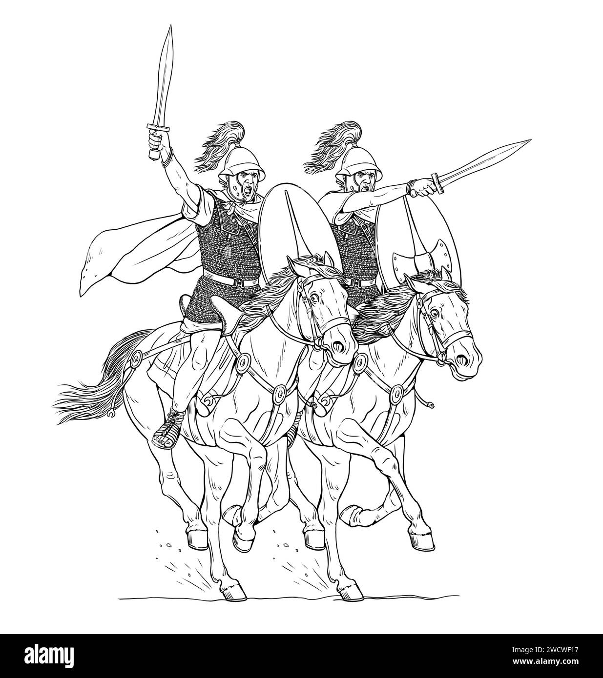 Cavalerie romaine à l'attaque. Dessin historique à la main. Banque D'Images