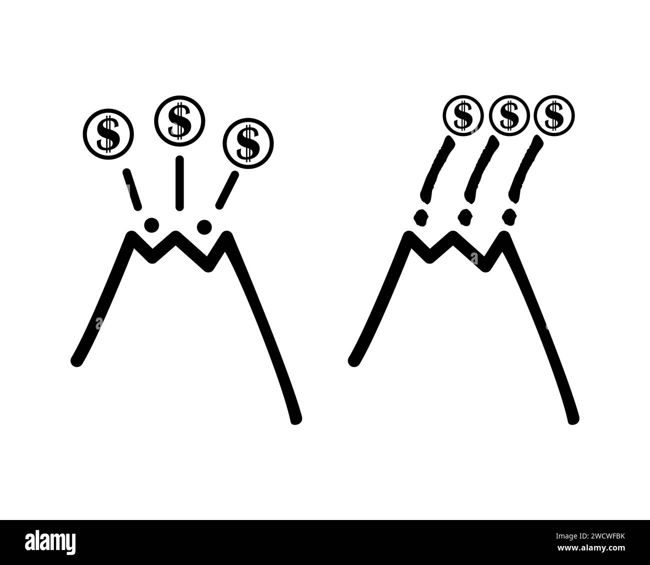 Les pièces en dollars sautent hors du cratère du volcan dans différentes directions pendant l’éruption. Illustration simple de vecteur. Illustration de Vecteur