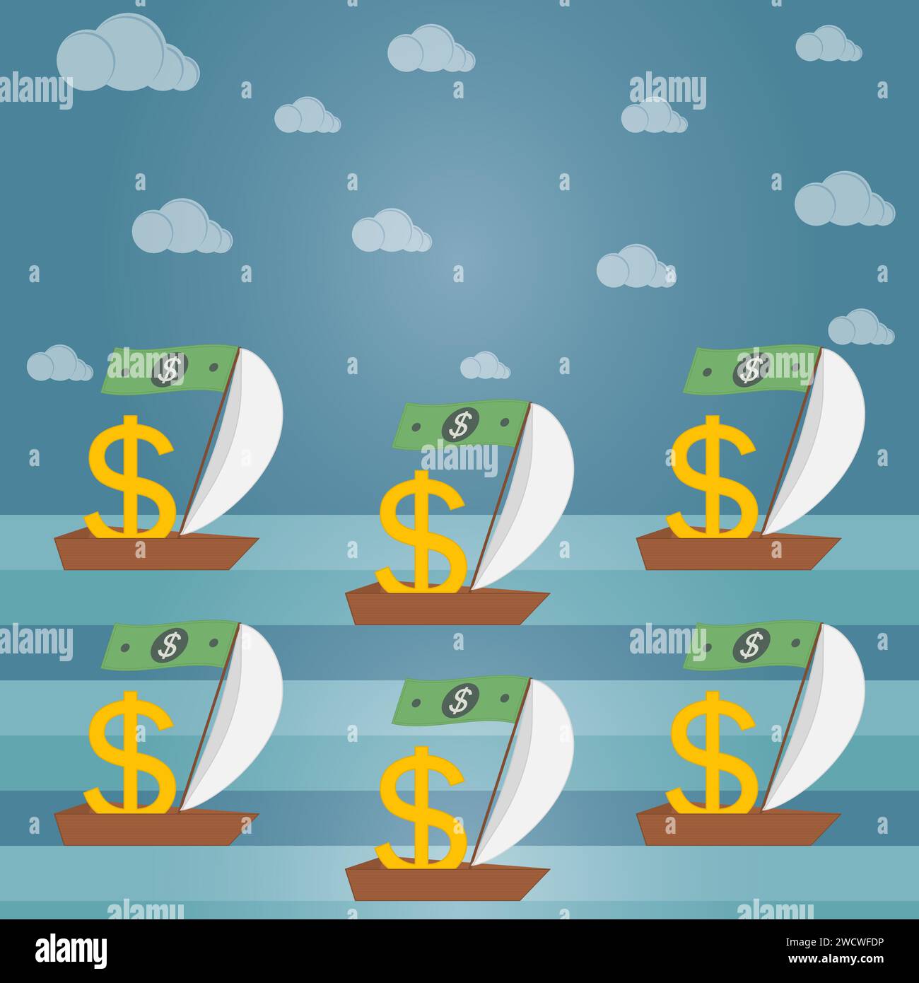 Les panneaux Golden dollar naviguent dans des bateaux avec des voiles. Papier dollars sur les mâts au lieu de drapeaux. Argent, finance, concept d'entreprise. Illustration vectorielle. Illustration de Vecteur