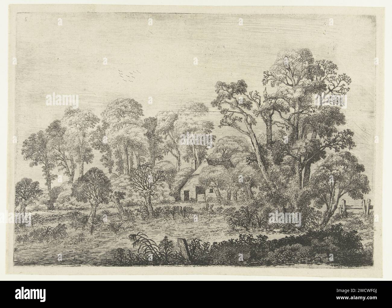 Paysage avec une ferme près d'un étang, Jan van Brosterhuyzen, 1610 - 1650 imprimer pays-Bas papier gravure ferme ou maison solitaire dans le paysage Banque D'Images