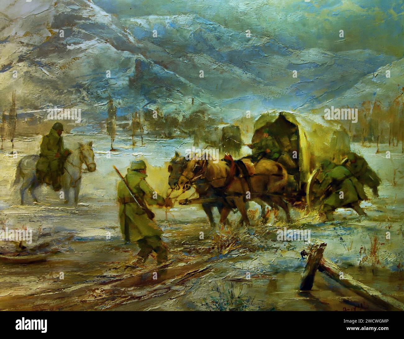 La route vers le front albanais 1940-1941 par Humberto Argyros, Musée National d'Histoire Athènes la guerre gréco-italienne de 1940-41. Conditions hivernales rudes sur les montagnes de l'Albanie Banque D'Images