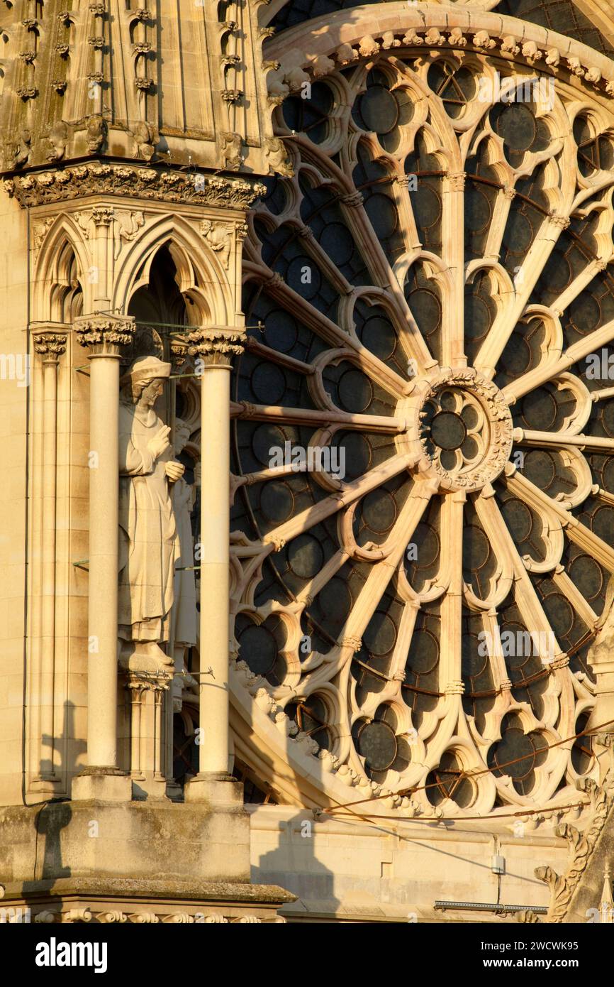 France, Marne, Reims, la cathédrale Notre-Dame, classée au Patrimoine Mondial de l'UNESCO, la façade ouest, rose Banque D'Images