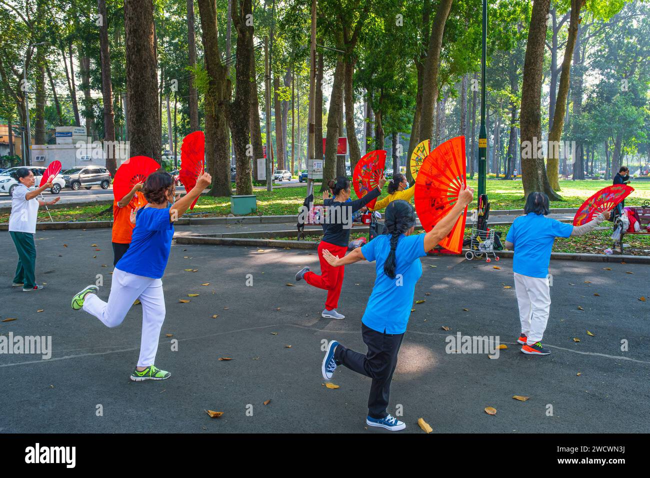 Vietnam, Ho Chi Minh ville (Saigon), District 1, région de Ben Thanh, pratique de la danse dans le parc Tao Dan Banque D'Images