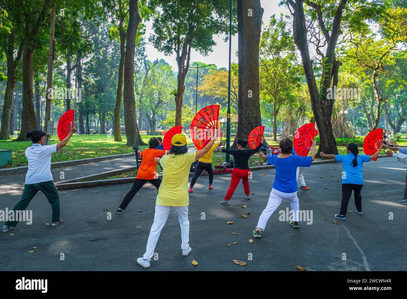 Vietnam, Ho Chi Minh ville (Saigon), District 1, région de Ben Thanh, pratique de la danse dans le parc Tao Dan Banque D'Images