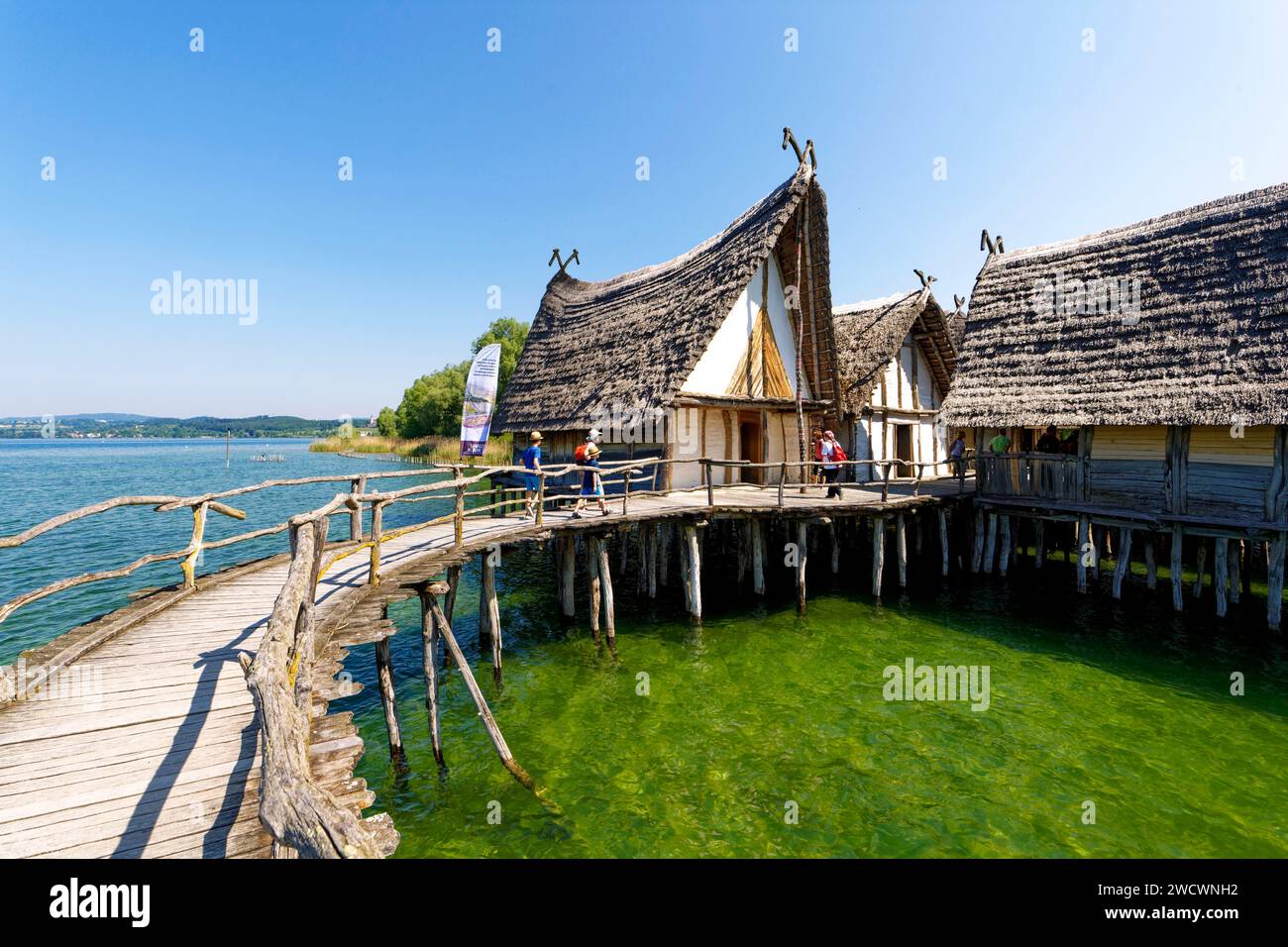 Allemagne, Bade-Wurtemberg, Lac de Constance (Bodensee), Uhldingen-Muehlhofen, Unteruhldingen, Pfahlbaumuseum, maison de pieux, Pfahlbauten, classée au patrimoine mondial par l'UNESCO Banque D'Images