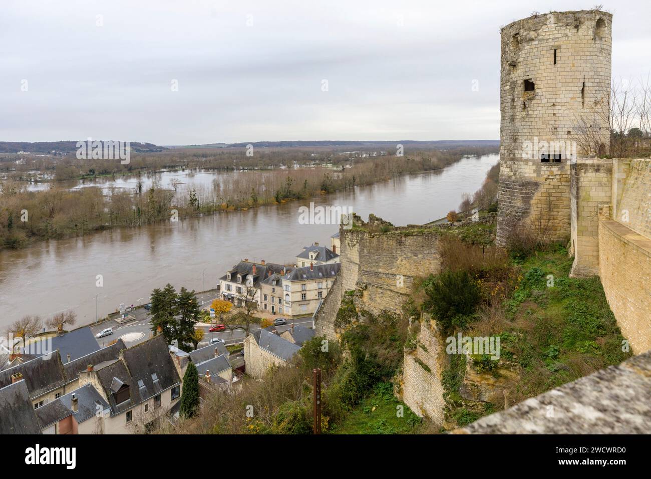 France, Indre et Loire, Vallée de la Loire classée au patrimoine mondial de l'UNESCO, Chinon, la forteresse, crue de la Vienne en hiver Banque D'Images