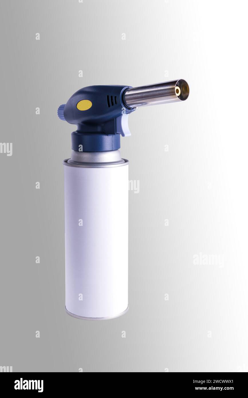 Brûleur à gaz sur canette. Gros plan. Isolé sur un fond gris. Banque D'Images