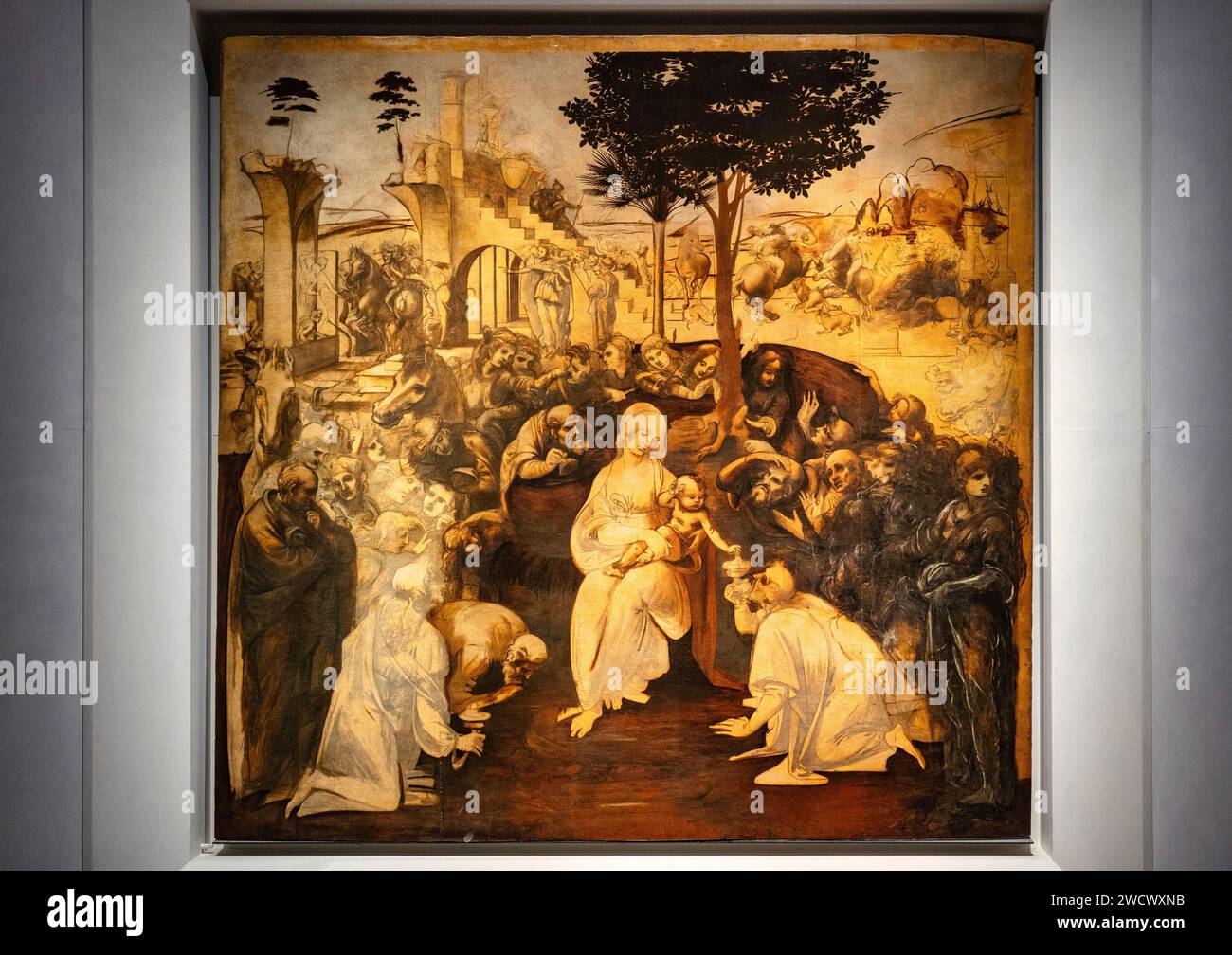 Italie, Toscane, Florence, Galleria degli Uffizi, l'adoration des Mages est une peinture ancienne inachevée de l'artiste italien de la Renaissance Léonard de Vinci Banque D'Images