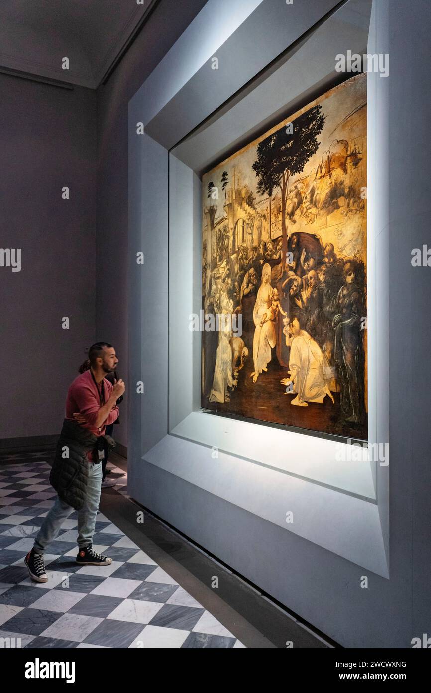 Italie, Toscane, Florence, Galleria degli Uffizi, l'adoration des Mages est une peinture ancienne inachevée de l'artiste italien de la Renaissance Léonard de Vinci Banque D'Images