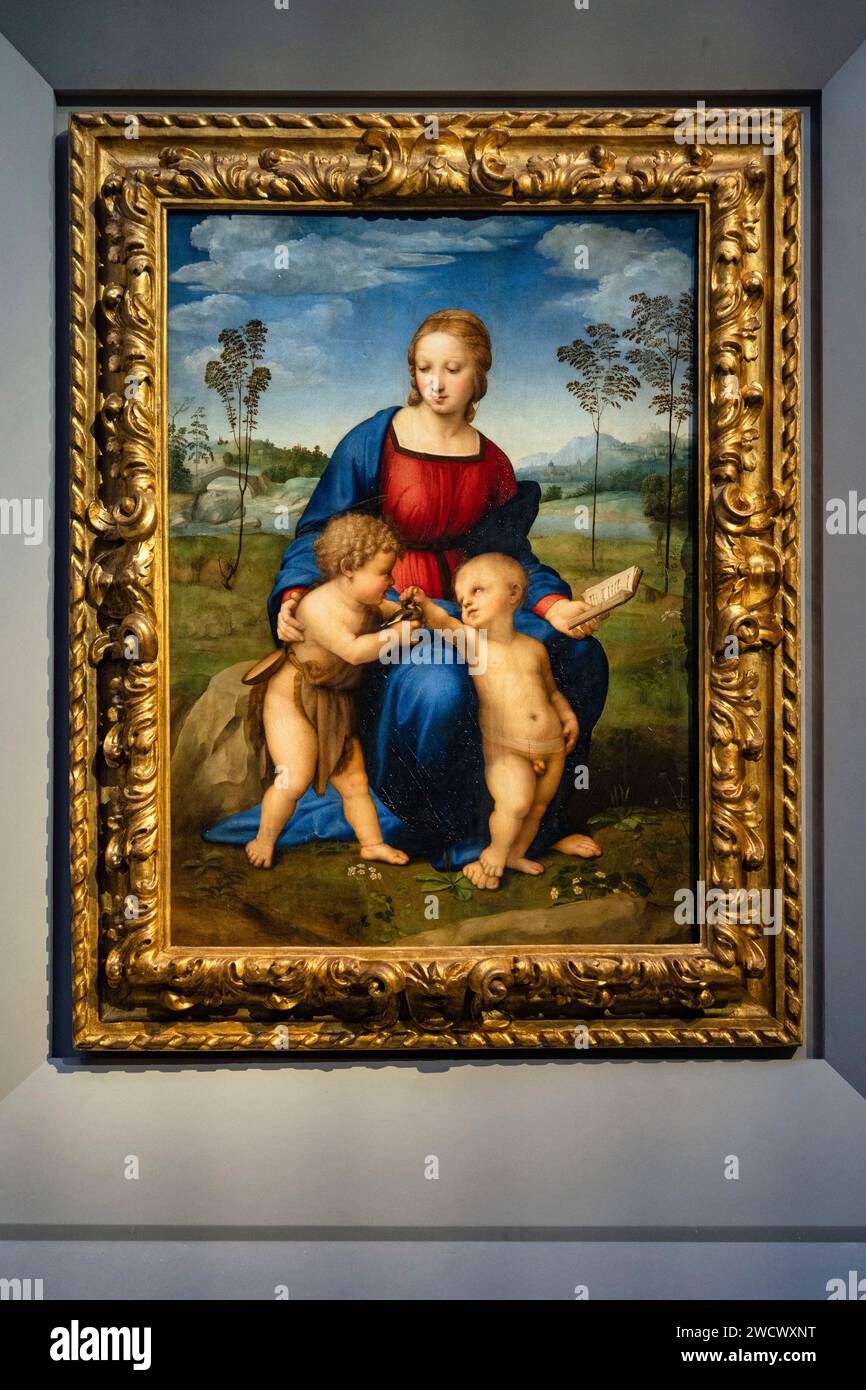 Italie, Toscane, Florence, Galleria degli Uffizi, la Madonna del cardellino ou Madonna du finch est une peinture à l'huile sur bois de l'artiste italien de la Renaissance Raphaël Banque D'Images