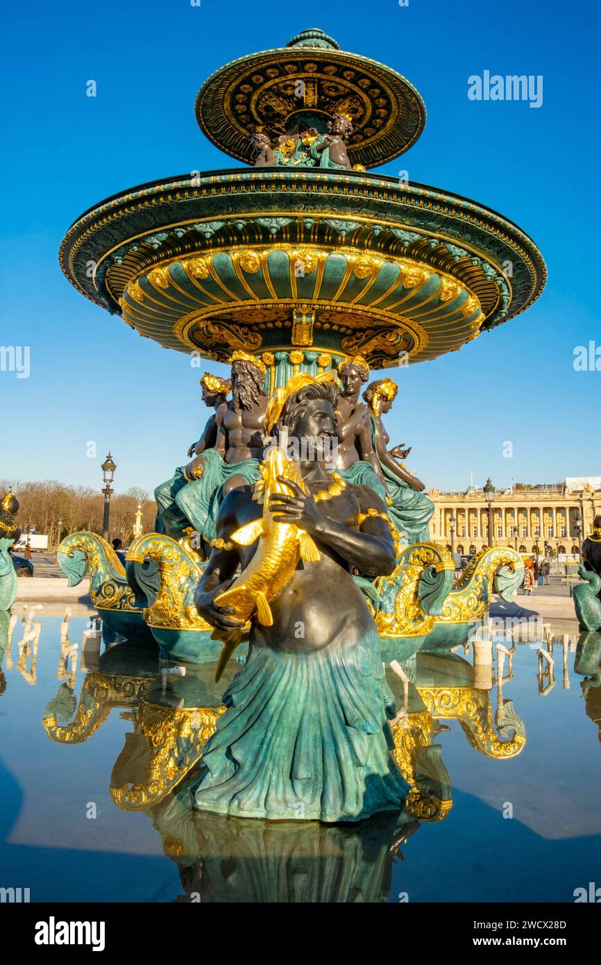 France, Paris, zone inscrite au patrimoine mondial de l'UNESCO, place de la Concorde, Fontaine des mers par Jacques Hittorf Banque D'Images