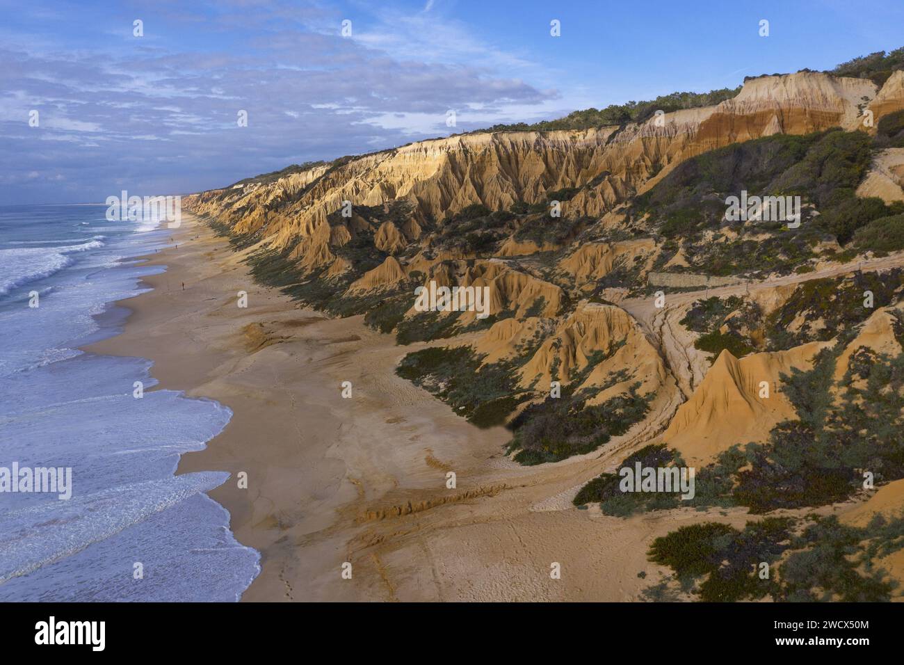 Portugal, Alentejo, plage de Gale Fontainhas, vue aérienne de falaises fossiles d'ocre aux formes érodées surplombant une longue plage face à l'océan Atlantique Banque D'Images