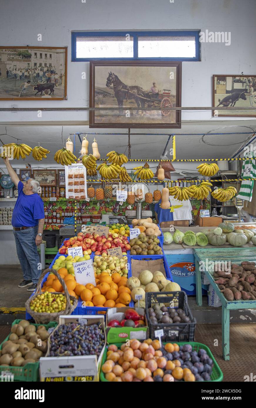 Portugal, archipel des Açores, île de Terceira, Angra do Heroismo, vendeur de fruits sur son étal dans un marché du centre historique Banque D'Images