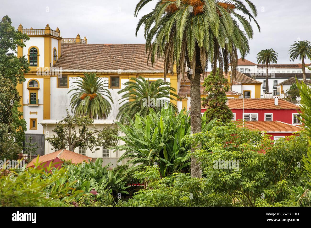 Portugal, archipel des Açores, île de Terceira, Angra do Heroismo, façades colorées de bâtiments coloniaux avec des toits de tuiles dans le centre historique Banque D'Images
