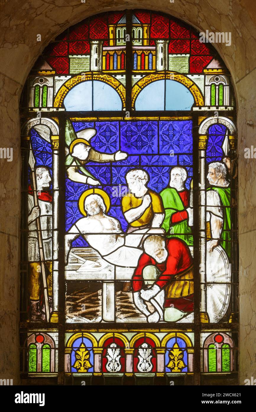 France, Meurthe et Moselle, quartier Saintois, Forcelles Saint Gorgon, église de la conversion de Saint Paul, les parties les plus anciennes ont été construites en style roman au 12e siècle, la nef a été reconstruite en style gothique au 16e siècle, vitrail non identifié sans signature Banque D'Images
